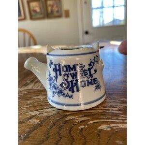 Miniature Ceramic Teapot "Home Sweet Home" Blue & White With Wire Handle Vintage